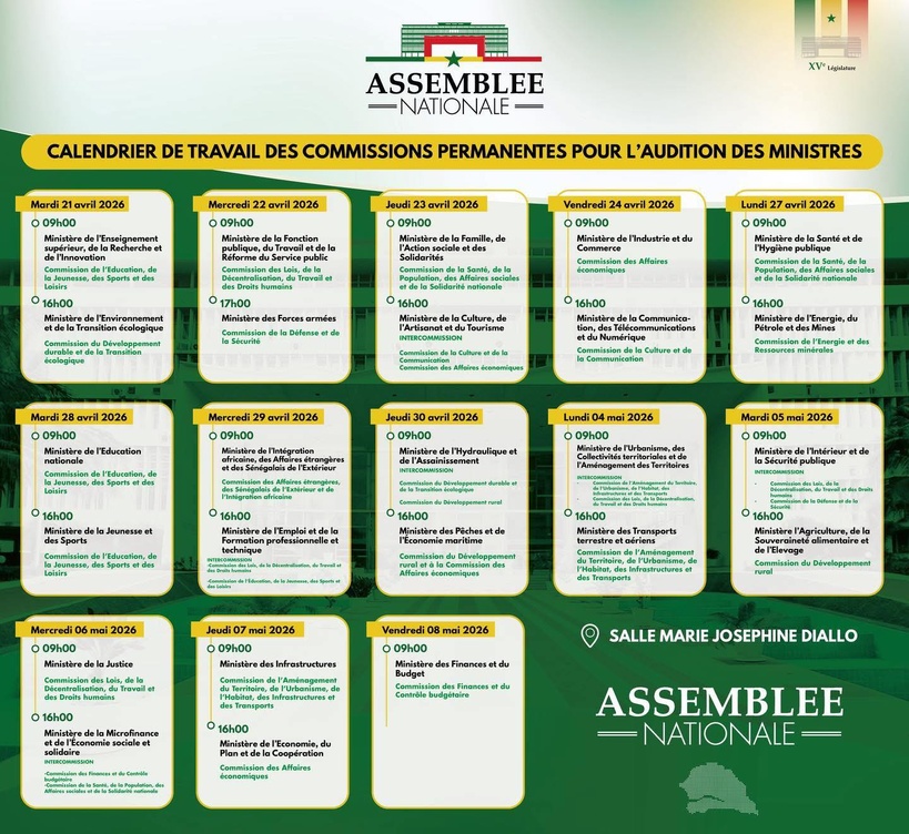 Assemblée nationale : les ministres auditionnés en commissions du 21 avril au 8 mai Assemblée nationale : les ministres auditionnés en commissions du 21 avril au 8 mai