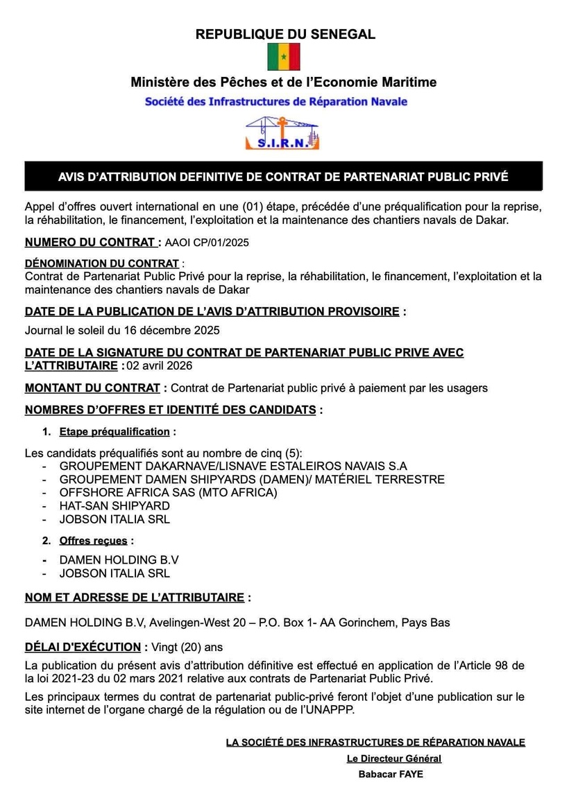 Gestion des chantiers navals de Dakar : le Néerlandais Damen Holding prend les commandes pour 20 ans Gestion des chantiers navals de Dakar : le Néerlandais Damen Holding prend les commandes pour 20 ans