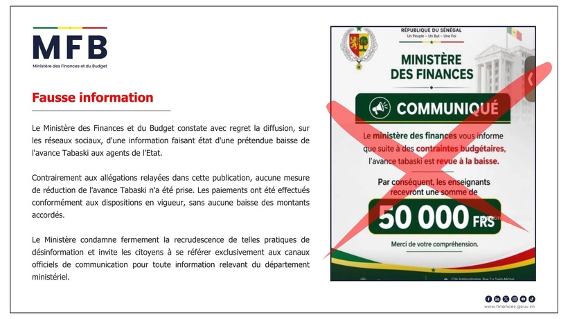 Intox: Le ministère des Finances dément toute baisse de l'avance Tabaski pour les agents de l'État Intox: Le ministère des Finances dément toute baisse de l'avance Tabaski pour les agents de l'État