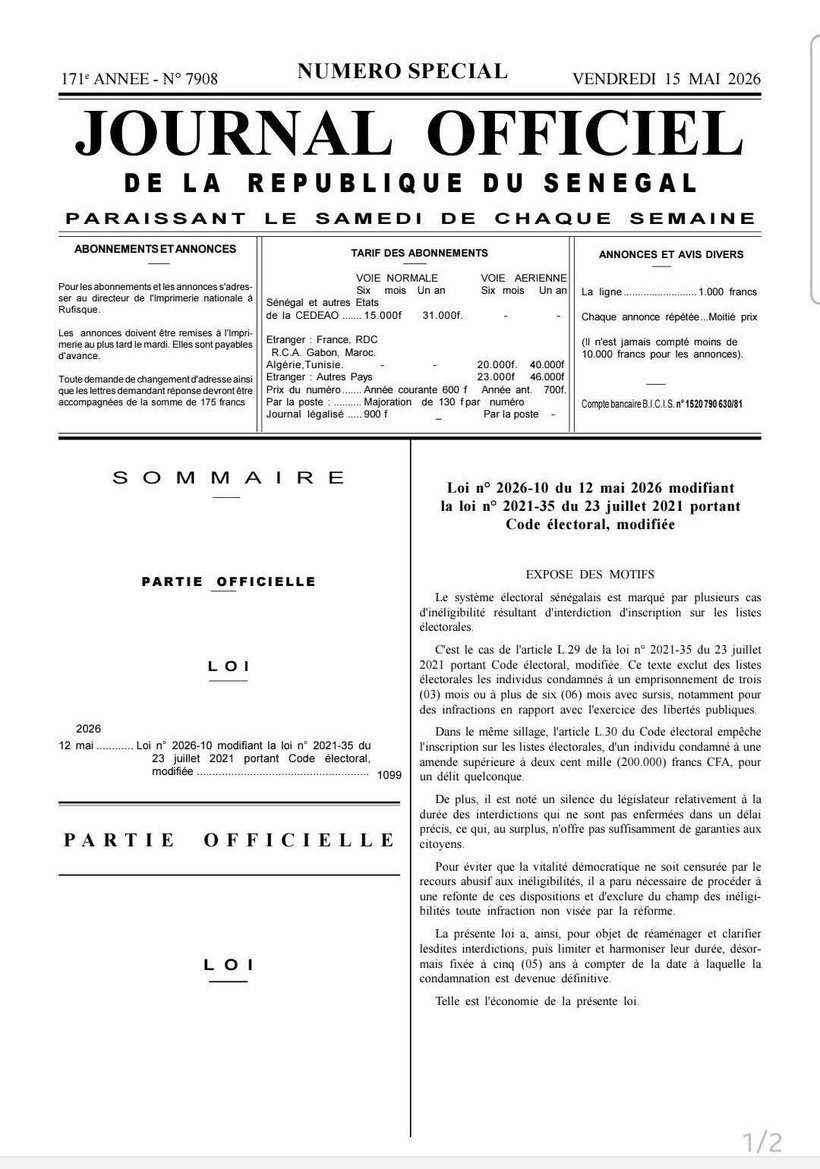 Réforme du Code électoral : La loi modifiant les articles L29 et L30 promulguée et publiée au Journal officiel
