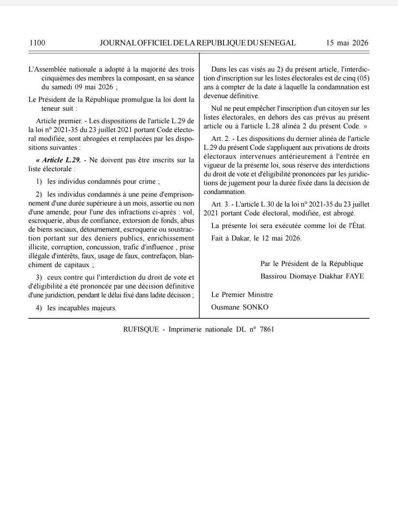 Réforme du Code électoral : La loi modifiant les articles L29 et L30 promulguée et publiée au Journal officiel Réforme du Code électoral : La loi modifiant les articles L29 et L30 promulguée et publiée au Journal officiel