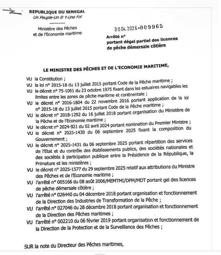 L’arrêté officiel portant dégel partiel des licences de pêche démersale côtière
