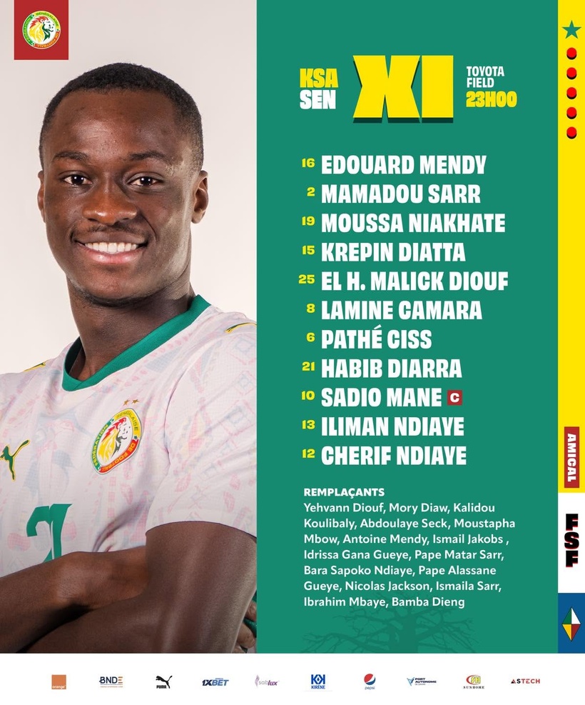 Sénégal vs Arabie saoudite : le onze des "Lions", Pathé Ciss, Habib Diarra et Cherif Ndiaye titulaires Sénégal vs Arabie saoudite : le onze des "Lions", Pathé Ciss, Habib Diarra et Cherif Ndiaye titulaires