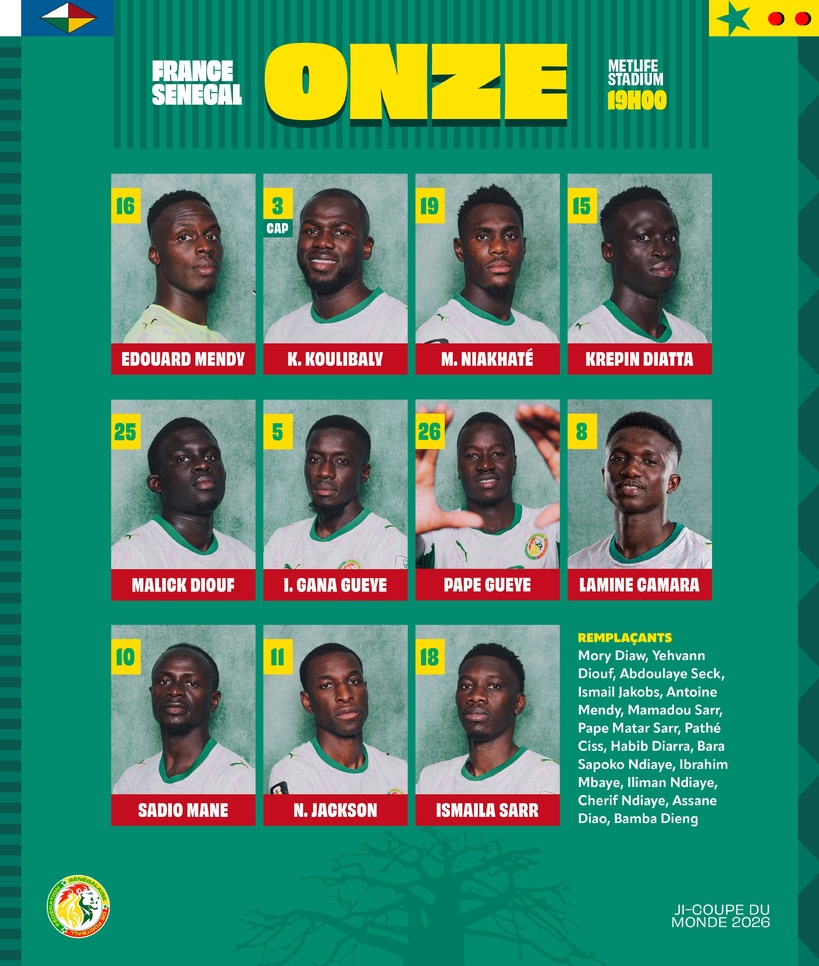 France – Sénégal : La compo officielle des "Lions" avec Kalidou Koulibaly, Krépin Diatta et Idrissa Gueye