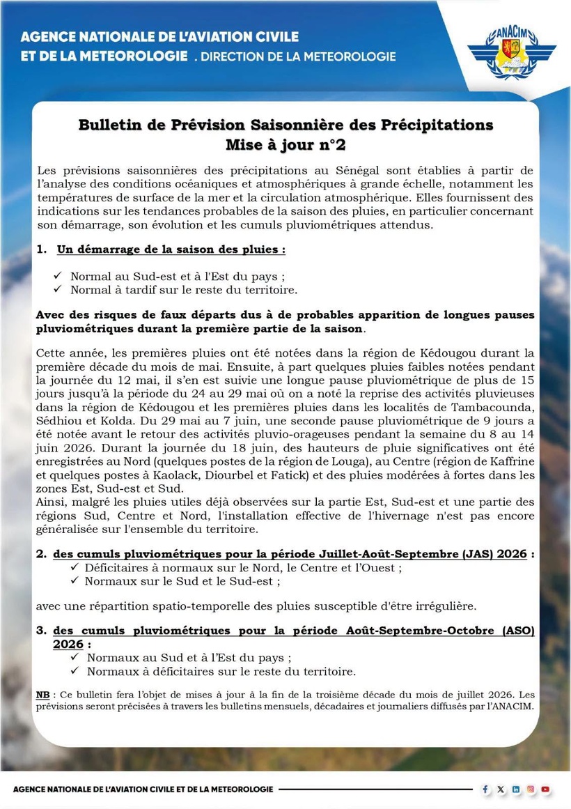 Prévisions pluviométriques 2026 : l'Anacim alerte sur des pauses prolongées et des risques de faux départs agricoles Prévisions pluviométriques 2026 : l'Anacim alerte sur des pauses prolongées et des risques de faux départs agricoles