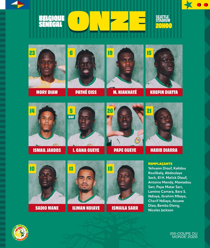 Mondial 2026 : onze de départ des Lions contre la Belgique, Pathé Ciss, Pape Gueye et Iliman Ndiaye titulaires