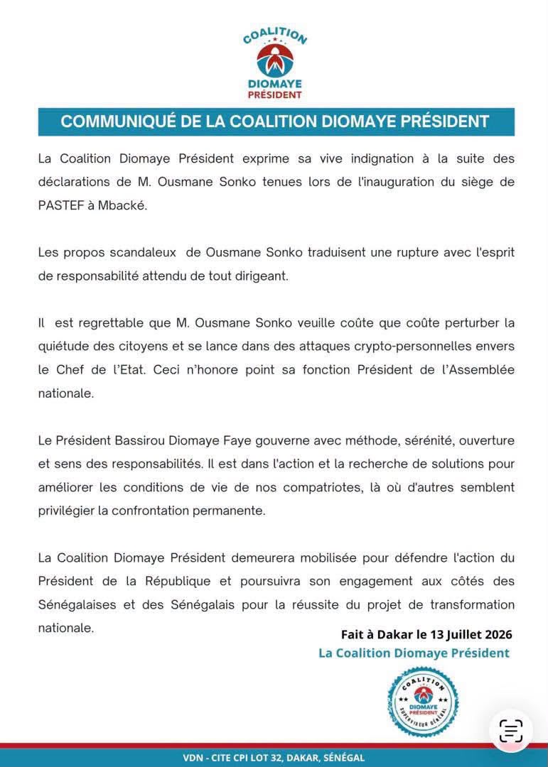 Déclarations de Sonko à Mbacké : la Coalition Diomaye Président l’accuse de vouloir « perturber la quiétude des citoyens »