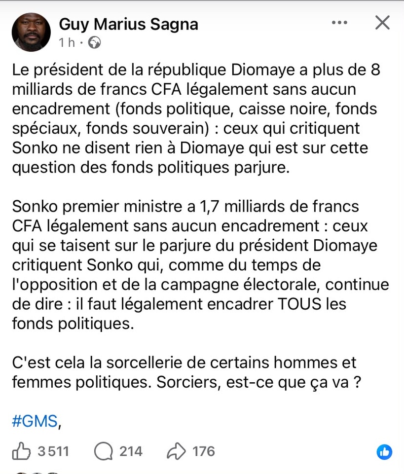 Fonds politiques : Guy Marius Sagna dénonce un «deux poids, deux mesures» entre Diomaye et Sonko Fonds politiques : Guy Marius Sagna dénonce un «deux poids, deux mesures» entre Diomaye et Sonko