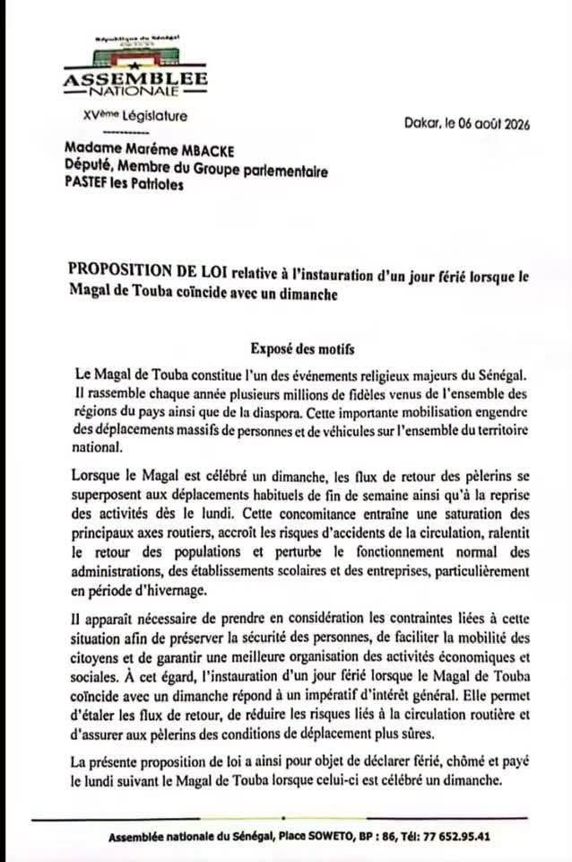 Magal de Touba : une députée de Pastef propose un jour férié lorsque le Magal tombe un dimanche