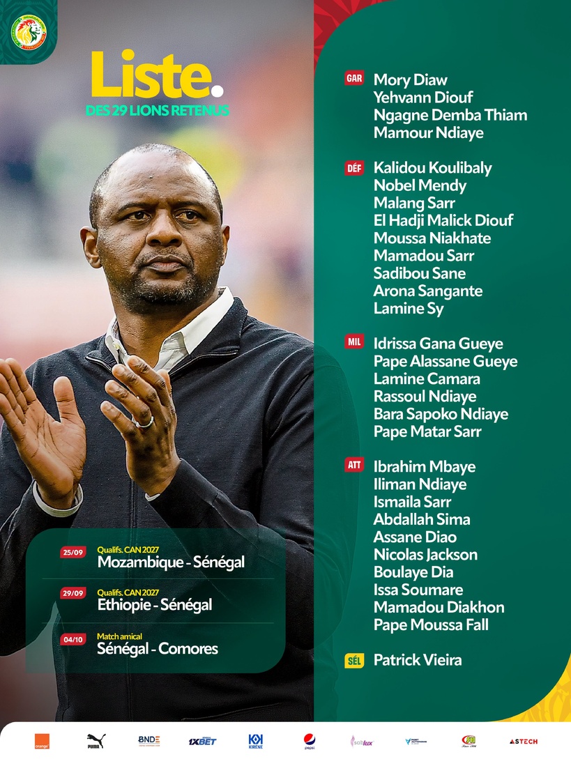 Equipe du Sénégal : Patrick Vieira dévoile une liste de 29 "Lions", sans Sadio Mané ni Krépin Diatta Equipe du Sénégal : Patrick Vieira dévoile une liste de 29 "Lions", sans Sadio Mané ni Krépin Diatta