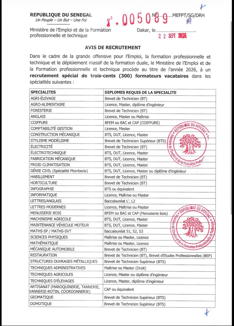 Formation professionnelle : le ministère lance un recrutement spécial de 300 formateurs vacataires Formation professionnelle : le ministère lance un recrutement spécial de 300 formateurs vacataires