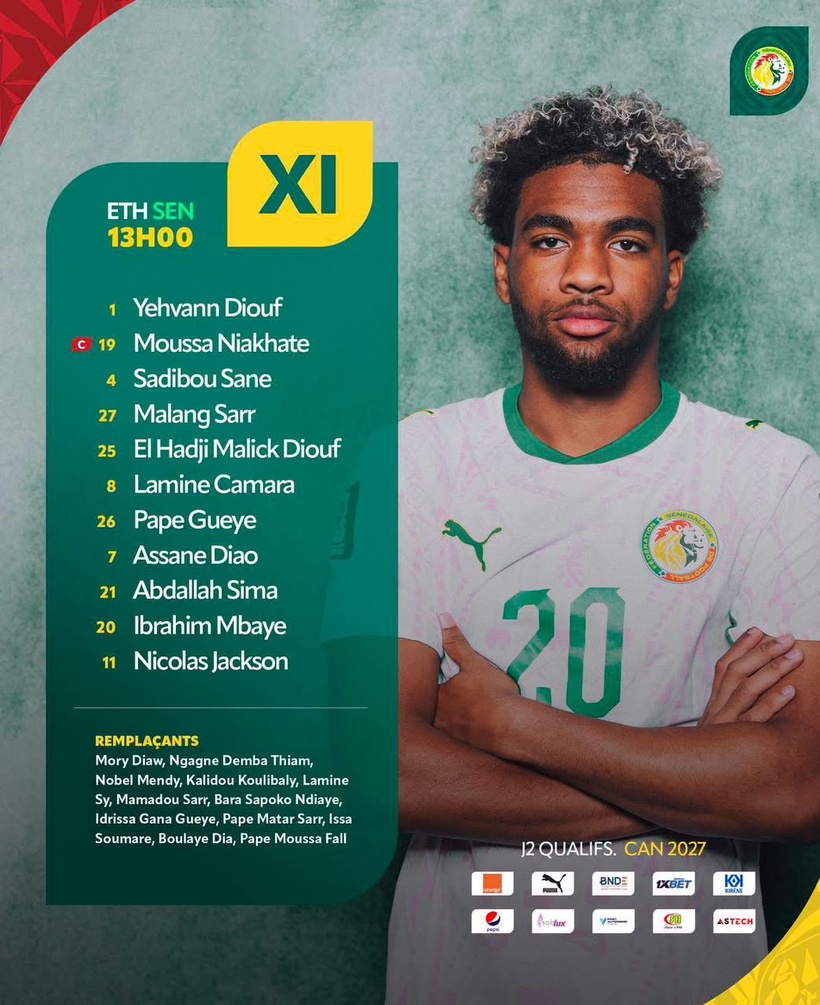 Éliminatoires CAN 2027: le onze des Lions avec Moussa Niakhaté capitaine et Nicolas Jackson en pointe