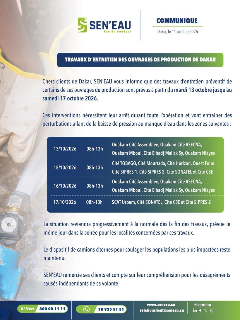 Ouakam, Ouest Foire, Cité SIPRES : la SEN’EAU annonce des perturbations du 13 au 17 octobre 2026
