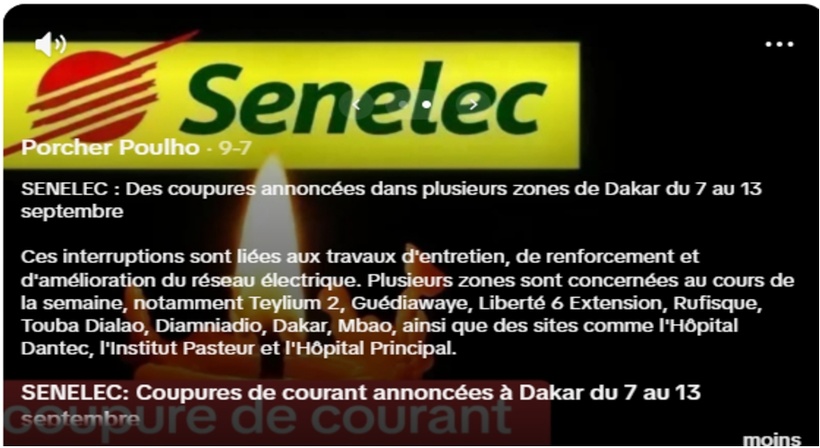 FAUX: la senelec n’a pas annoncé une série de coupure d’électricité à Dakar et dans sa banlieue