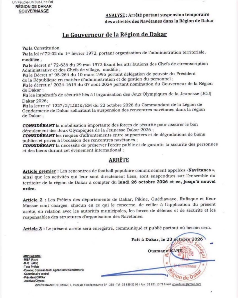 Dakar : les « Navétanes » suspendus jusqu’à nouvel ordre à partir du 26 octobre 2026 Dakar : les « Navétanes » suspendus jusqu’à nouvel ordre à partir du 26 octobre 2026