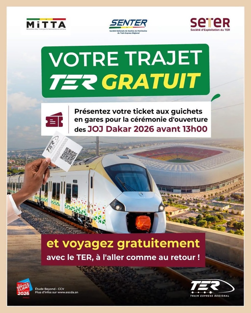 Cérémonie d'ouverture des JOJ 2026 : Comment bénéficier du transport gratuit en TER vers Diamniadio Cérémonie d'ouverture des JOJ 2026 : Comment bénéficier du transport gratuit en TER vers Diamniadio