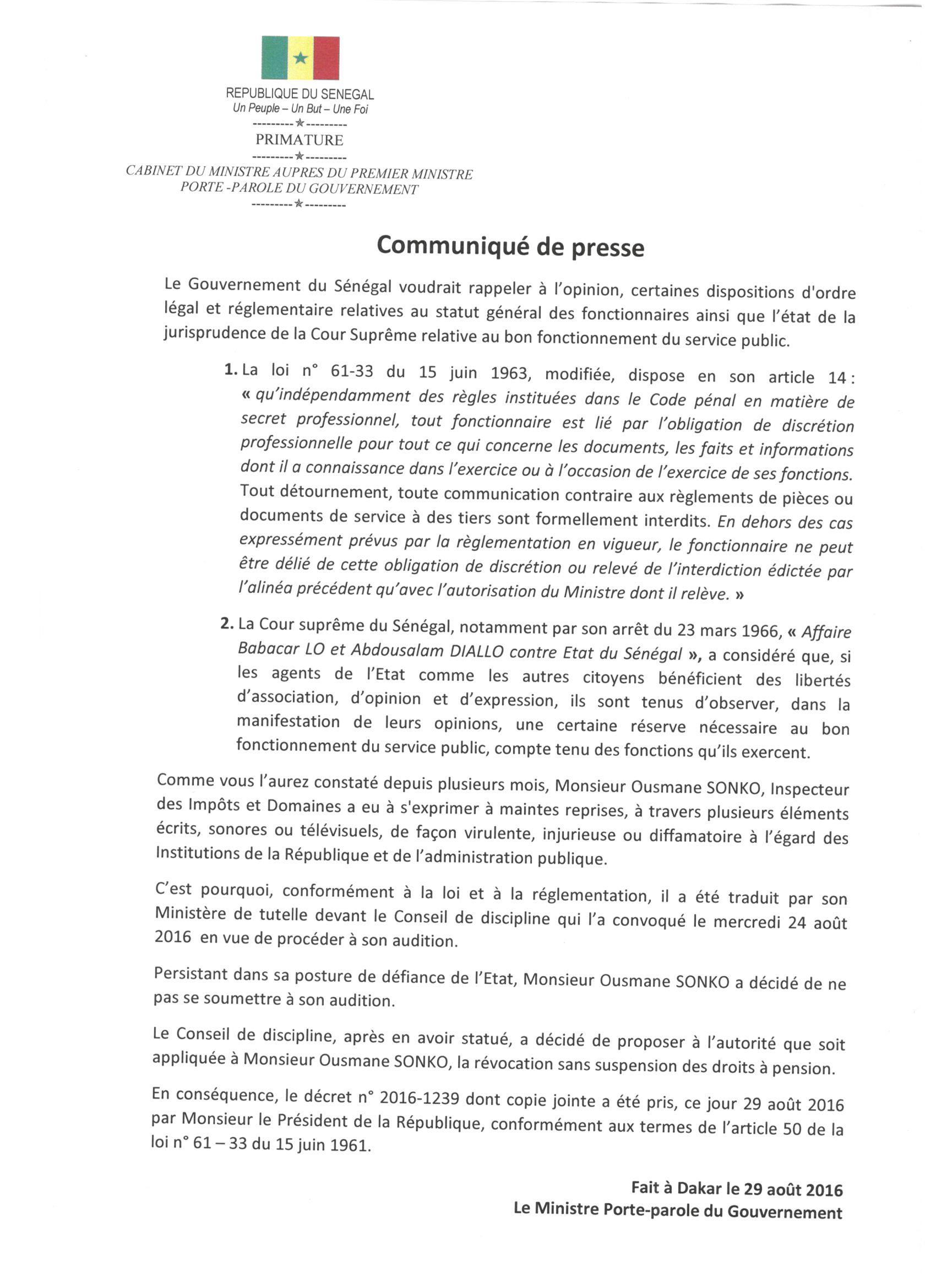 Urgent: Ousmane Sonko révoqué sans suspension de ses droits