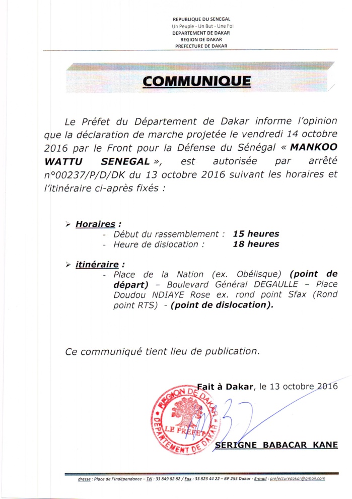 Communiqué: le Préfet de Dakar autorise la marche de Mankoo Watù Senegaal mais change l'itinéraire