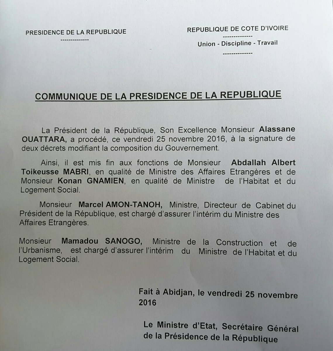 Côte d’Ivoire : Ouattara limoge son Ministre des Affaires Étrangères, M. Albert Toikeusse Mabri