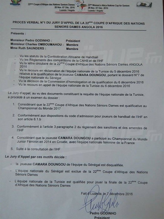 CAN Handball féminin: son recours reçu, la Tunisie disputera la finale à la place des "Lionnes"