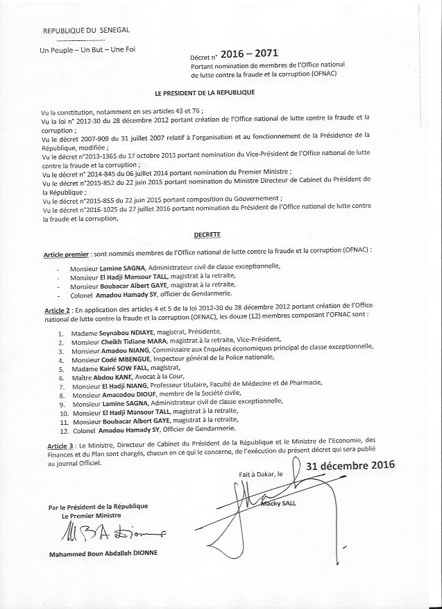 OFNAC : Voici le décret portant nomination des membres de l’Ofnac