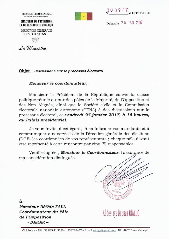 Processus électoral : Voici la lettre d’invitation du ministre de l’Intérieur à Manko Wattu Sénégal