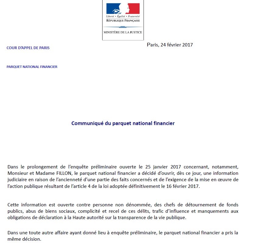 Affaire Fillon: le parquet national financier ouvre une information judiciaire