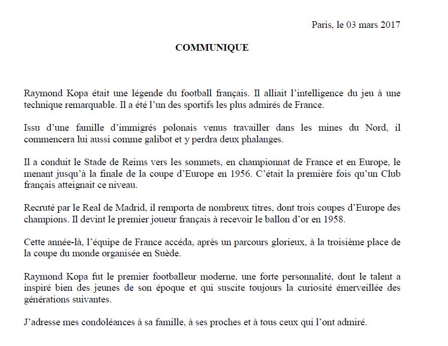 Décès de Raymond Kopa: l'Elysée salue "une légende du football français"