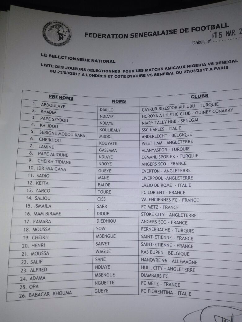 Match Amicaux Nigéria / Sénégal / Côte d'Ivoire: Aliou Cissé convoque 26 "Lions" (mis à jour)