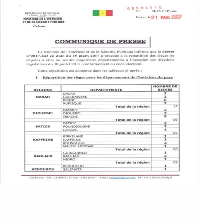 Voici le décret fixant la répartition des 105 sièges de députés pour les listes départementales de l'intérieur et de l'étranger