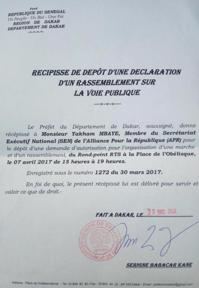 Rassemblement 7 avril le Préfet de Dakar donne "récépissé" à Yakham Mbaye