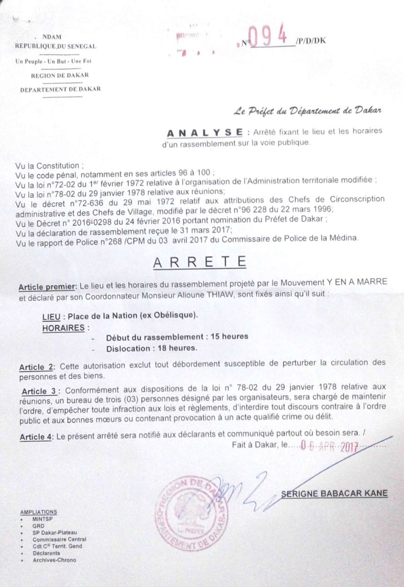 "Y'en a marre": Voici l’arrêté préfectoral autorisant leur rassemblement 