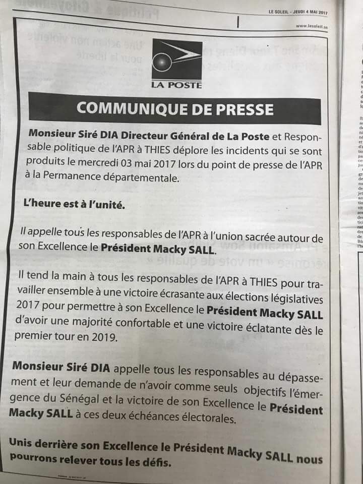 Après son communiqué controversé : le syndicat des Cadres de la fonction publique réclame le limogeage du DG de la Poste Ciré Dia