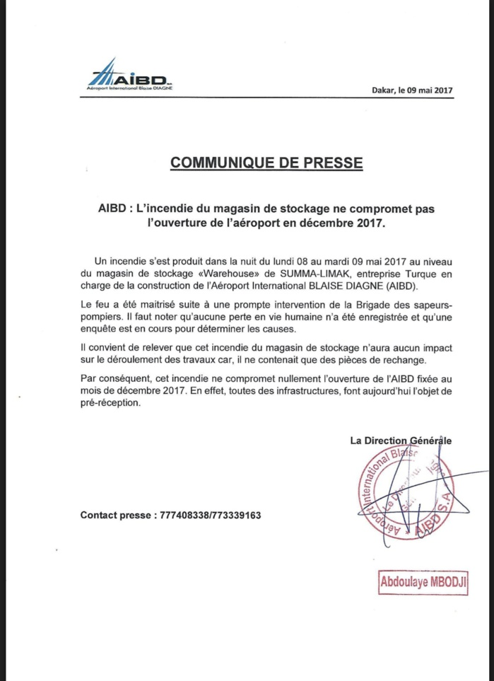 AIBD : L'incendie du magasin de stockage ne compromet pas l'ouverture de l'aéroport en décembre 2017