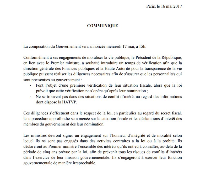 La composition du gouvernement français annoncée ce mercredi, (communiqué)