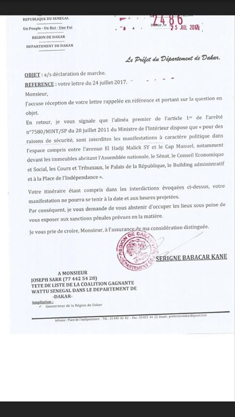 L’Arrêté interdisant la marche de Me Wade (document téléchargeable)