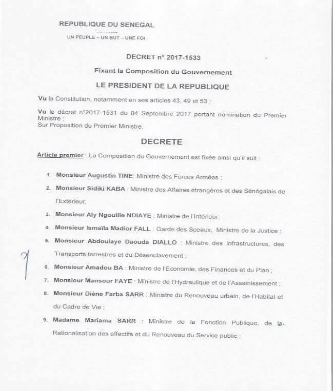 Nouveau Gouvernement du Sénégal: Liste des nouveaux membres - Pas de changements majeurs 