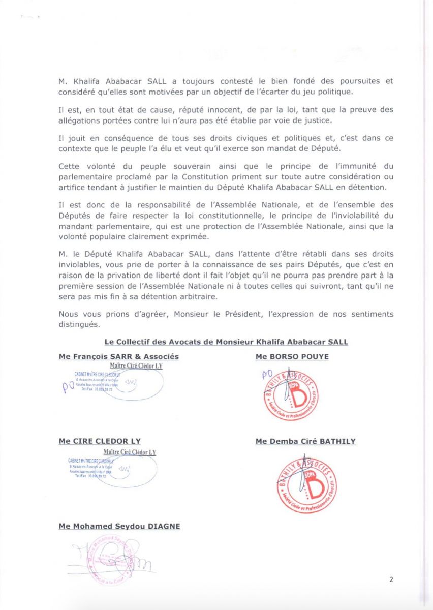 Installation des députés ce jeudi: les avocats de Khalifa Sall saisissent le président de l'Assemblée nationale 
