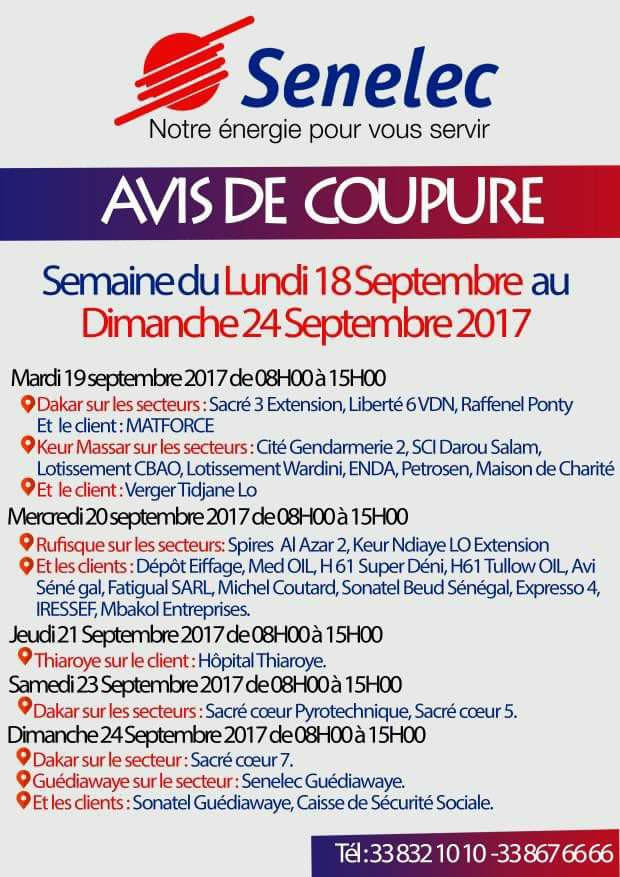 La Senelec va momentanément couper le courant dans certains secteurs de la capital de mardi à dimanche