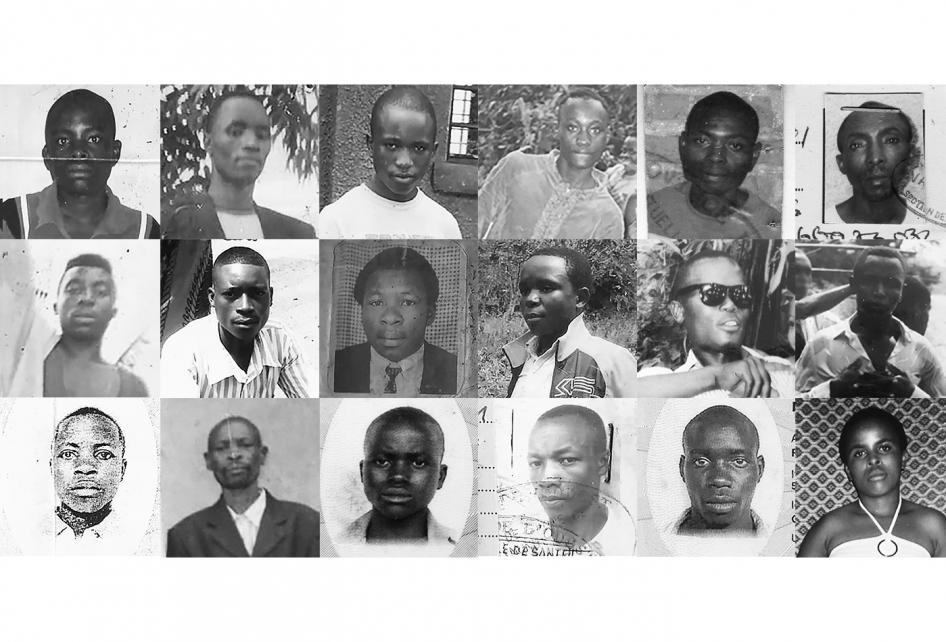 Victimes d'exécutions extrajudiciaires présumées au Rwanda.  Rangée du haut (de gauche à droite) : Juma Ntakingora (exécuté le 21 septembre 2016) ; Alexandre Bemeriki (exécuté en octobre 2016) ; Benjamin Niyonzima (exécuté le 16 décembre 2016) ; Basabose Hakuzimana (exécuté le 6 décembre 2016) ; Elias Habyarimana (exécuté le 25 mars 2017) ; Samuel Minani (exécuté le 15 décembre 2016). Rangée du milieu (de g. à d.) : Jean de Dieu Habiyaremye (arrêté fin novembre 2016 et exécuté deux jours plus tard) ; Ernest Tuyishime (exécuté le 5 août 2016) ; Thaddée Uwintwali (exécuté le 13 décembre 2016) ; Emmanuel Ntamuhanga (exécuté en mars 2017) ; Fulgence Rukundo (exécuté le 6 décembre 2016) ; Naftal Nteziriza (exécuté fin décembre 2016). Rangée du bas (de g. à d.) : Amulani Bazangirabate (exécuté fin décembre 2016) ; Jean Kanyesoko (exécuté le 2 août 2016) ; Claude Barayavuga (exécuté le 27 avril 2017) ; Emmanuel Hanyurwabake (exécuté fin décembre 2016) ; Vedaste Renzaho (exécuté fin décembre 2016) ; Jeannine Mukeshimana (exécutée le 16 décembre 2016). © 2016 Privé