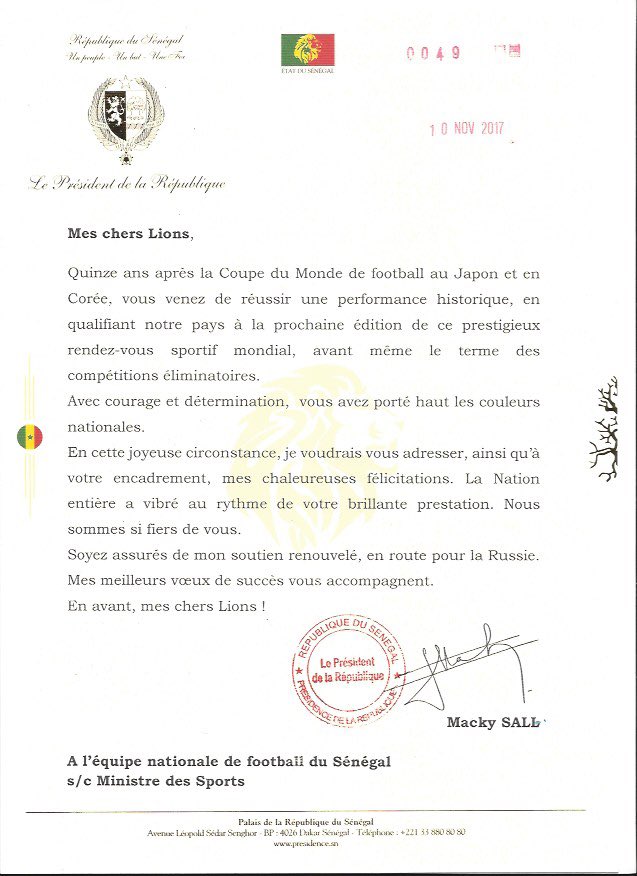 Macky Sall aux « Lions »: « Soyez assurés de mon soutien renouvelé, en route pour la Russie »