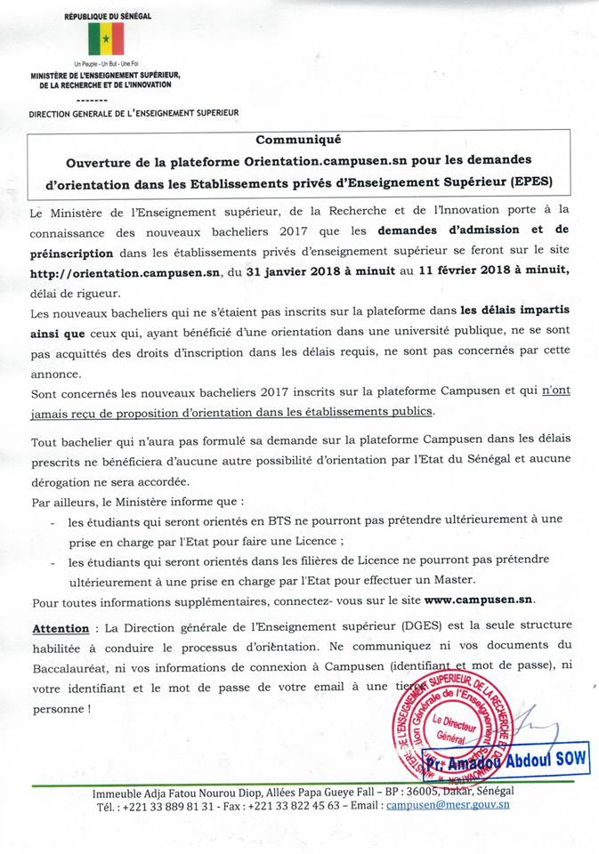 Communiqué du ministère