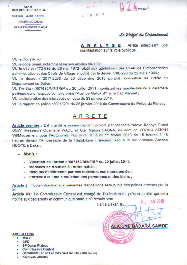 ​Le Set- in du collectif ‘’France dégage’’ interdit par le préfet de Dakar