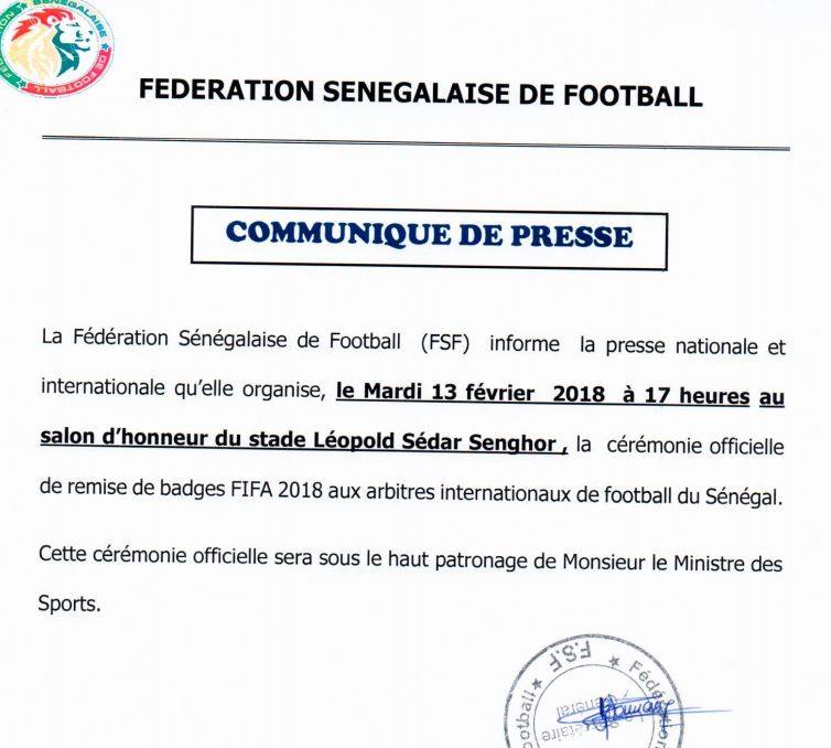 FSF: Cérémonie de remise officiel de badge FIFA 2018 aux arbitres internationaux prévu ce mardi 