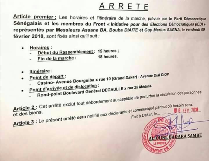 Le préfet de Dakar accorde à l’opposition sa marche