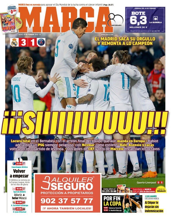 Découvrez les Unes des principaux journaux sportifs espagnols de ce jeudi 15 février 2018.