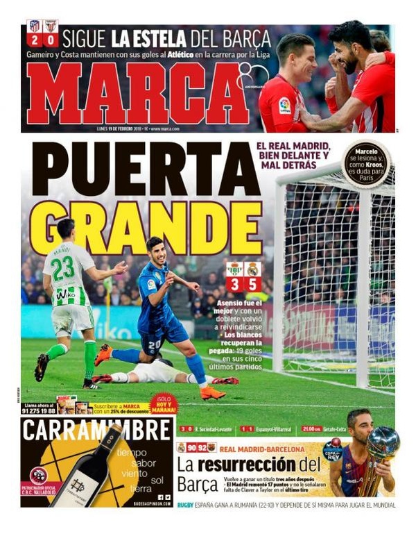 Les Unes des journaux sportifs en Espagne du 19 février 2018