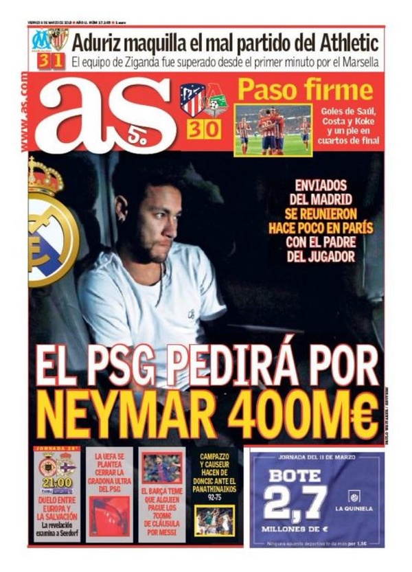 Les Unes des journaux sportifs en Espagne du 9 mars 2018