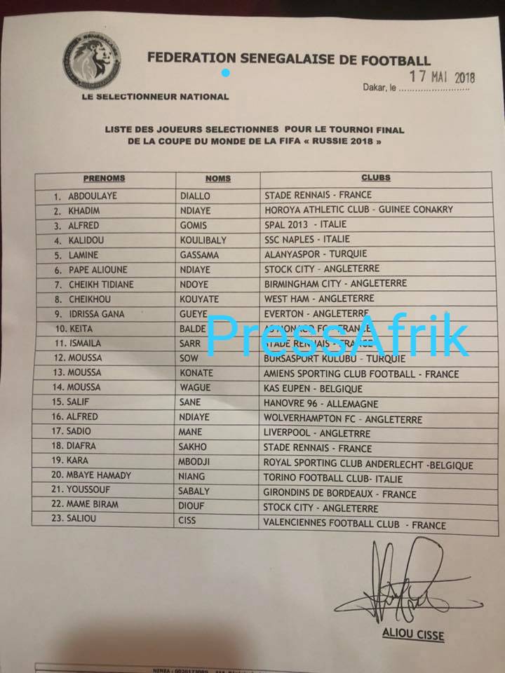 Russie 2018 : Aliou Cissé publie ses 23 guerriers
