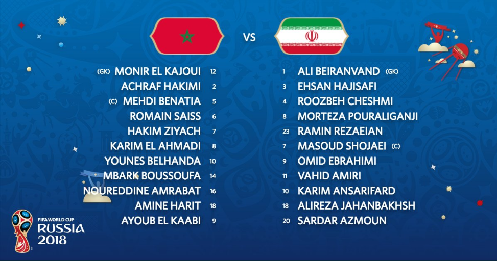 #CdM :  les compos d'équipes de Maroc -Iran
